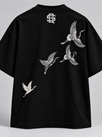 Japanese Crane Bird Graphic Oversized T-Shirt – Black | White Flying Crane Back Print