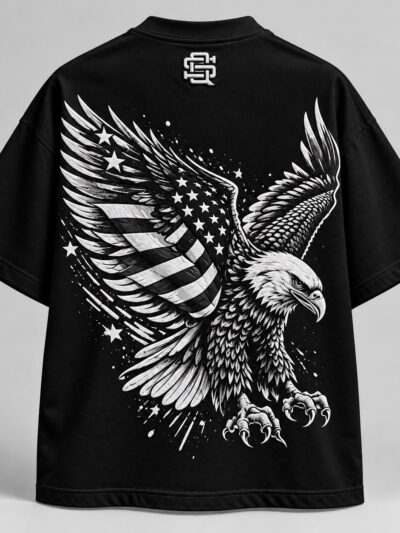 STYQUAL American Eagle Graphic Oversized T-Shirt – Black | USA Flag Back Print Streetwear Tee