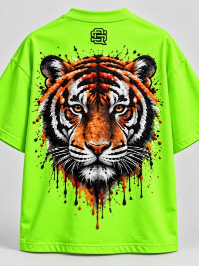 STYQUAL Neon Green Tiger Graphic Oversized T-Shirt – Bold Back Print Streetwear Tee