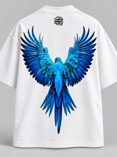 STYQUAL Blue Bird Graphic Oversized T-Shirt – White | Wings Back Print Streetwear Tee
